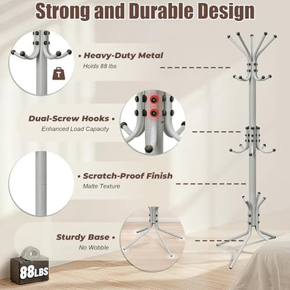 Metal Coat Rack, Freestanding Coat Tree & Hall Tree with 15 Hooks, Sturdy Coat Rack Stand and Hat Rack, Coat Hanger for Entryway, Bedroom, Office for Jackets, Hats, Bags, Grey - color: GREY