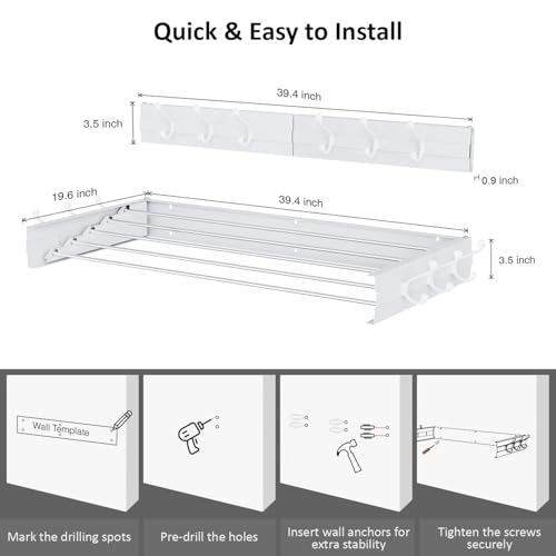 Laundry Drying Rack, Collapsible Wall Mounted Clothes Drying Rack - Foldable,Space Saving, 13.2 Linear Ft, 5 Aluminum Rods, 60 lb Capacity (White, 40" Wide) - size: 40"