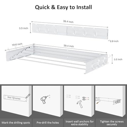 Laundry Drying Rack, Collapsible Wall Mounted Clothes Drying Rack - Foldable,Space Saving, 13.2 Linear Ft, 5 Aluminum Rods, 60 lb Capacity (White, 40" Wide) - size: 40"