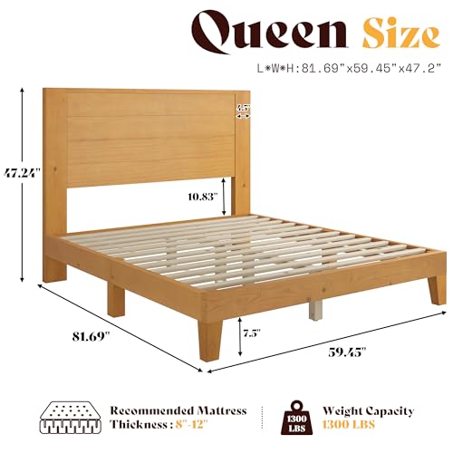 AMERLIFE Queen Size Solid Wood Bed Frame with 48" Headboard Design, Natural | Solid Wood Platform, 48" Headboard, Mid Century Modern Style, Silent Slat Support, Natural Finish - color: Natural, size: Queen
