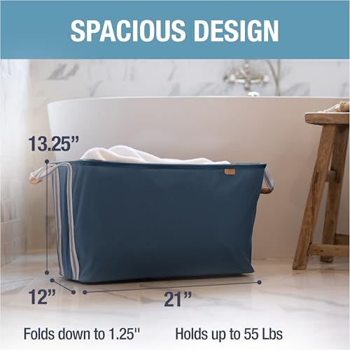 CleverMade Collapsible Laundry Basket LUXE, 60L Pop-Up Hamper, 2 Pack, Navy | Elevate Open-Room Laundry Storage | Refined Fabric and Vegan Leather Add Polish, While Each Basket Holds 55 lb - color: Navy Noir