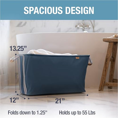 CleverMade Collapsible Laundry Basket LUXE, 60L Pop-Up Hamper, 2 Pack, Navy | Elevate Open-Room Laundry Storage | Refined Fabric and Vegan Leather Add Polish, While Each Basket Holds 55 lb - color: Navy Noir