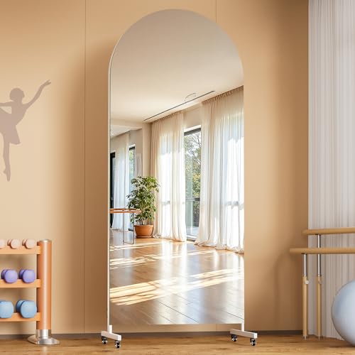 Hasipu 75" x 28" Arched Full Length Mirror on Wheels | HD tempered glass, sturdy aluminum frame, 4 smooth casters with locks, ideal for yoga, dance studio, bedroom & home gym. - size: 75"L x 28"W
