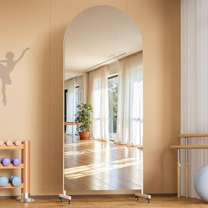 Hasipu 75" x 28" Arched Full Length Mirror on Wheels | HD tempered glass, sturdy aluminum frame, 4 smooth casters with locks, ideal for yoga, dance studio, bedroom & home gym. - size: 75"L x 28"W