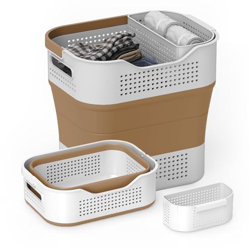 TECHMILLY Collapsible Plastic Laundry Basket Hamper with Handles, 35L Portable Rubber Clothes Basket, Pop Up Storage Container/Organizer with Hanging basket for Washing & Storage, Brown - color: Brown, size: 35L