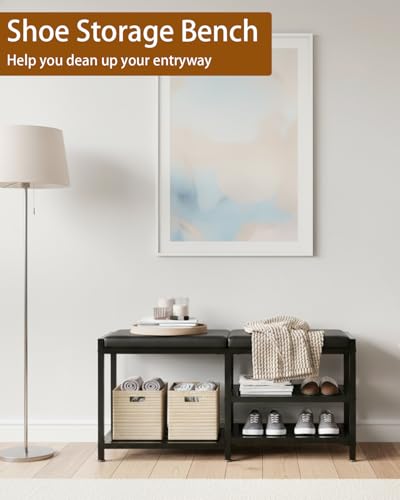 33“ Iron Shoe Rack Storage Bench for Entryway, Holds Up to 560lb | Space-Saving and Robust, Iron and Foam Padding Shoe Rack for Entryway, Front Door Entrances, Bathroom - size: 11.8 inches x 33.26 inches x 16.5 inches