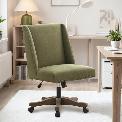 Upholstered Armless Office Chair Fabric Swivel Home Desk Chair with Wheels | Modern Comfy Boho Office Chair with Wooden Legs Adjustable Desk Chair no Arms for Sewing Women Farmhouse Study Studio Green - color: Green