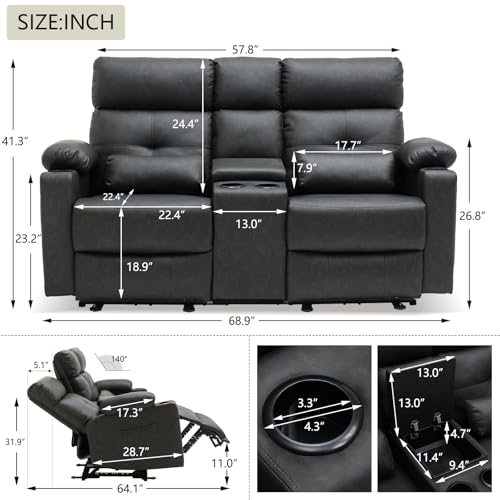 Power Reclining Loveseat with Console, Power Loveseat Recliner Sofa with Heat and Massage, Extended Footrest, Wall Hugger RV Recliner with Cup Holders, Lumbar Support for Living Room - color: Black&grey, size: Loveseat