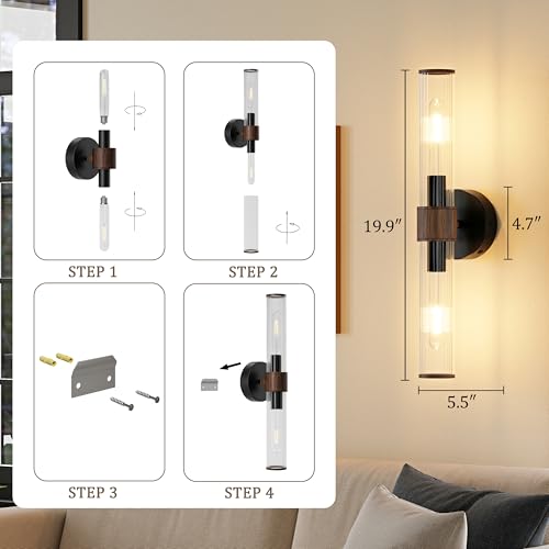 Morauroral Black Walnut Battery Operated Wall Sconces Set of 2, Rechargeable Wall Lights with Remote, 20 Inch Modern Wireless Wall Lamp for Bedroom, Living Room with White Shade (Bulbs Included) - color: Black Walnut