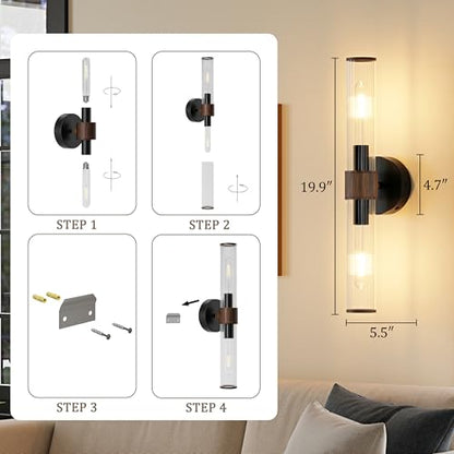 Morauroral Black Walnut Battery Operated Wall Sconces Set of 2, Rechargeable Wall Lights with Remote, 20 Inch Modern Wireless Wall Lamp for Bedroom, Living Room with White Shade (Bulbs Included) - color: Black Walnut