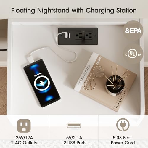 Floating Nightstand Set of 2 Modern Night Stands with Drawer and Open Shelf | Cubby Small Bedside End Table with Charging Station Wall Mounted Nightstands Set 2 for Bedroom White - color: White