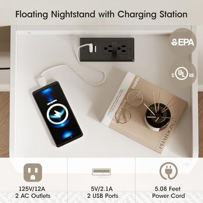 Floating Nightstand Set of 2 Modern Night Stands with Drawer and Open Shelf | Cubby Small Bedside End Table with Charging Station Wall Mounted Nightstands Set 2 for Bedroom White - color: White