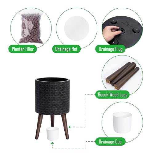 D'vine Dev Planter Pot with Wood Stand, 10 in, Distressed Black, 88-Z-B-5 | Mid-Century Modern Style, Elevated Plant Display, Drainage Hole and Plug, Functional & Stylish, Modern Indoor Planter - color: Distressed Black, size: Medium