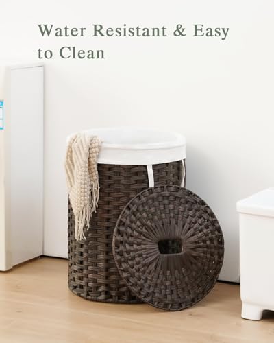 SETVSON Laundry Hamper with Lid 23.8 Gal (90 L) PE Rattan, Brown | Family Clothes & Blanket Trunk with Lid, Removable Liner Bag with Handles, 2 Mesh Wash Bags, Collapsible Steel Frame - color: Brown, size: 90 L