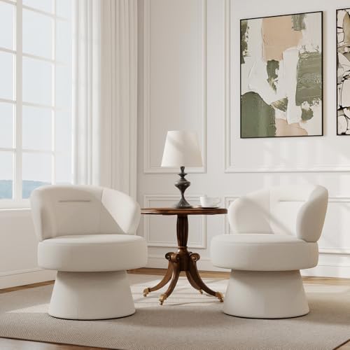 360° Swivel Accent Chairs Set of 2, Modern Chenille Upholstered Boucle Dining Chair with Back, Vanity Chair Accent Armchair Side Chairs for Dining/Living Room, Bedroom, White - color: White 01, size: 2 Chairs
