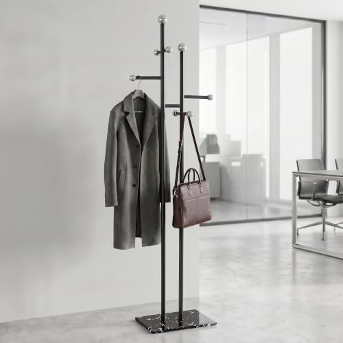Heavy Duty Office Coat Rack Freestanding, Marble Base Metal | 1.0mm thickened iron tree with 8 stainless steel hooks. Anti-toppling heavy marble base for modern office & reception. - color: black