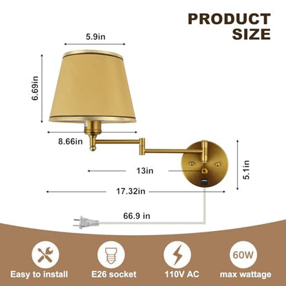 Plug-in Wall Sconce Swing Arm 1-Light Wall Mount Lamp with USB Charging Port Wall Sconce Lighting with Dimmable On Off Switch Gold Fabric Shade Brass Wall Lamp Light Fixture - color: Gold