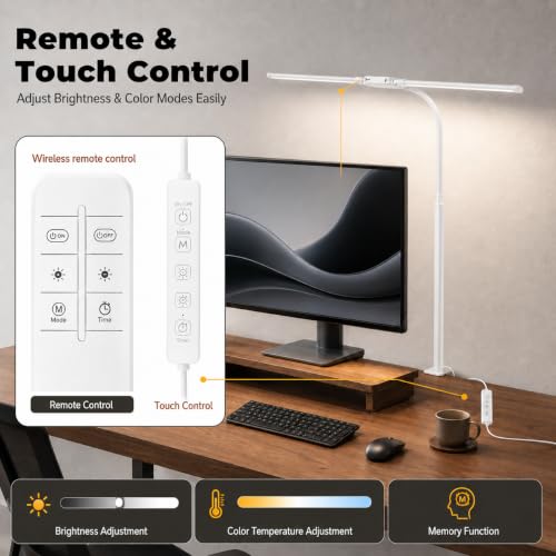 LED Desk Lamp with Clamp, Dual Head Desk Light for Home Office, Eye-Caring Monitor Desk Lamp with Remote, Flexible Gooseneck Architect Task Lamp, 10 Brightness Levels & 5 Color Modes White - color: White