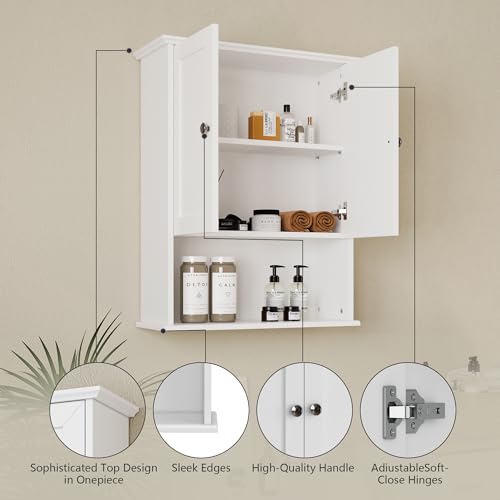 Medicine Cabinet, Over The Toilet Storage Cabinet, 24x30 Inch Wall Mount Bathroom Storage Cabinet with 2 Doors & Adjustable Shelf, Wooden Bathroom Wall Cabinet, White - color: White&silver