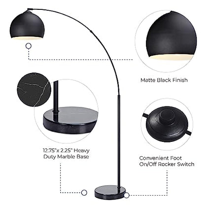 Teamson Home Arquer 66.93" Arc Floor Lamp for Living Rooms, Home Offices, Dining Rooms, Bedrooms with Faux Black Marble Base and Black Bell Shade - color: Black