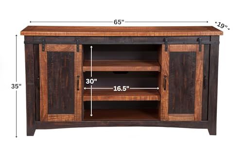 Martin Svensson Home Rustic 65" Wood Entertainment Center, Black and Honey | Solid Pine, TV Stand, Sliding Doors, Adjustable Shelves & Cable Management, for TVs up to 70" - color: Antique Black and Aged Distressed Pine