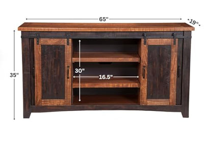 Martin Svensson Home Rustic 65" Wood Entertainment Center, Black and Honey | Solid Pine, TV Stand, Sliding Doors, Adjustable Shelves & Cable Management, for TVs up to 70" - color: Antique Black and Aged Distressed Pine