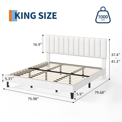 Garvee King Size Platform Bed Frame with Upholstered Headboard, White | Fully Velvet Upholstered Mattress Foundation with Height Adjustable Headboard, No Box Spring Needed, Easy Assembly - color: White, size: King