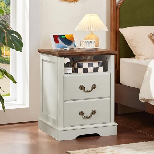 Farmhouse Night Stand with Charging Station, White | 2 Drawers End Tables Bedroom, Bedside Table with Rustic Handles & Floor-Standing Thickened Foot & Open Shelf - color: White, size: 18"D x 18"W x 24"H (2 Drawers)