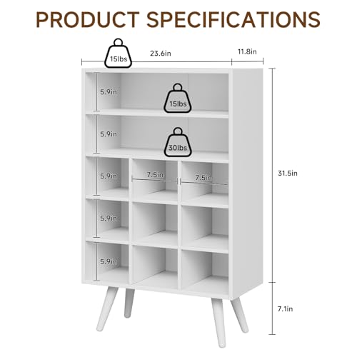 5 Tiers Shoe Cubby with Legs, Stackable Wood Shoe Rack Organizer with 9-Cube and 2 Storage Shelves, Holds 10-15 Pairs, Freestanding Shoe Rack for Closet, Entryway, Apartment, White - color: White