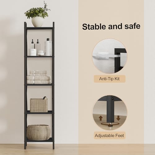 Homhedy 5 Tier Small Bookshelf, Tall Narrow Bookcase, Metal Book Shelf | Industrial Style for Small Spaces, Home, Office, Living Room, Kitchen, Bedroom , 10.4" D x 13" W x 55.1" H, Black - color: Black, size: 10.4"D x 13"W x 55.1"H
