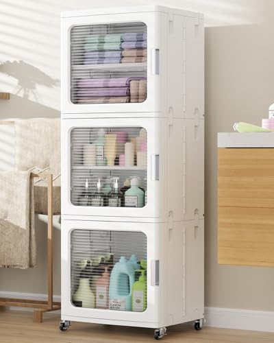 BROVIEW 3-Tier Tall Narrow Storage Cabinet 14.6” Wide, Slim Bathroom Cabinets with Adjustable Shelves and Doors, Plastic Kitchen Pantry Organizers and Storages for Small Space, Laundry, White - color: White, size: 3-Tier-14.6"W