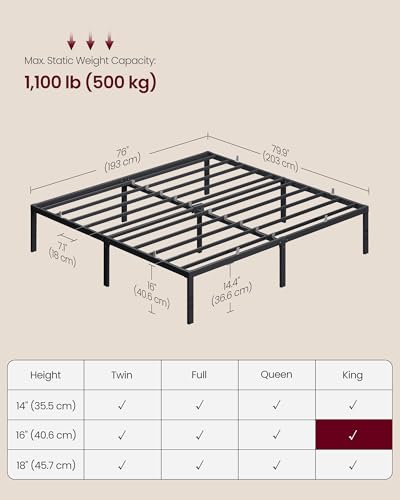VASAGLE King Metal Bed Frame 16 Inches Tall, 1100 lb Weight Capacity, No Box Spring Needed, with Under-Bed Storage, Easy Setup, Heavy-Duty Platform Bed, Mattress Retainers, Matte Black URMB664BD02S - size: King, style: 16 Inch