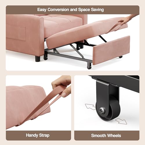 Convertible Sleeper Chair Sofa Bed, 3-in-1 Pull Out Sofa Chair, Pink | 3 in 1 Chair Bed, Adjustable Backrest, Storage Pocket, Compact Fit for Living Rooms, Apartments, Guest rooms - color: Pink Premium Velvet