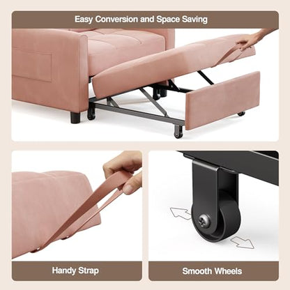 Convertible Sleeper Chair Sofa Bed, 3-in-1 Pull Out Sofa Chair, Pink | 3 in 1 Chair Bed, Adjustable Backrest, Storage Pocket, Compact Fit for Living Rooms, Apartments, Guest rooms - color: Pink Premium Velvet