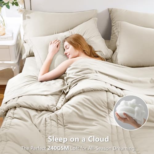 Super King Comforter Set Beige - Oversized 120x120 Bed in a Bag | Fuller King-Bed Coverage, 240GSM Down-Alternative Fill, 14" Deep-Pocket Sheets, Shams & Pillowcases, Lightweight - color: Beige, size: Super King