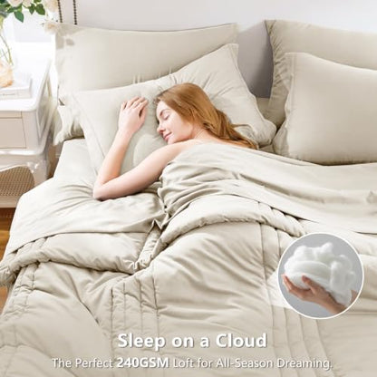 Super King Comforter Set Beige - Oversized 120x120 Bed in a Bag | Fuller King-Bed Coverage, 240GSM Down-Alternative Fill, 14" Deep-Pocket Sheets, Shams & Pillowcases, Lightweight - color: Beige, size: Super King