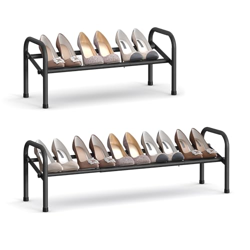 SONGMICS Expandable Shoe Rack, 1 Tier Shoe Rack Shelf, Adjustable Shoe Organizer Storage for 10 Pairs of Shoes, Metal Free Standing Shoe Racks for Closet, Front Door Entryway, Easy Assembly, Ink Black - size: 1 Tier (9.8"H)