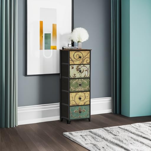 Small Dresser for Bedroom with Retro Flower Narrow Drawers Slim Chest of Drawers Skinny Nightstand Sofa End Table for Living Room Entryway Closet Storage (Multi, 5 Drawers) - size: 11.8"D x 16.5"W x 45.5"H (5 Drawers)