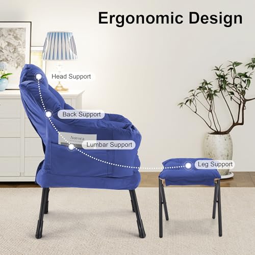 Lazy Chair with Ottoman Comfy Accent Lounge Chair with Side Pocket Cozy Chair Modern Reading Armchair with Footrest Upholstered Sofa Chair for Small Spaces Living Room Dorm Bedroom Darkblue - color: Darkblue