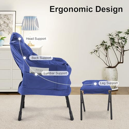 Lazy Chair with Ottoman Comfy Accent Lounge Chair with Side Pocket Cozy Chair Modern Reading Armchair with Footrest Upholstered Sofa Chair for Small Spaces Living Room Dorm Bedroom Darkblue - color: Darkblue