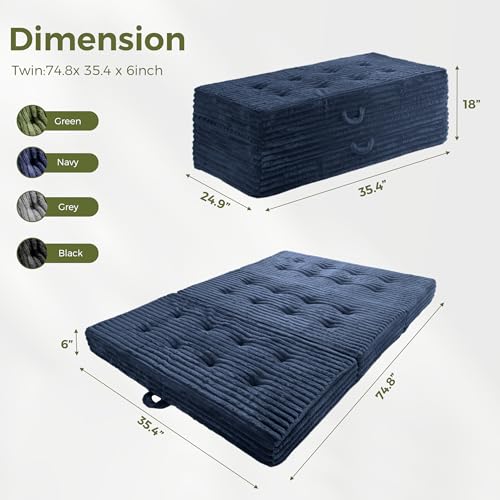 MAXYOYO Folding Sofa Couch Bed, 6 Inch Tri-Fold Floor Sofa Bed, Folding Mattress with Handles, Soft Faux Fur Folding Bed with Supportive Foam Filling, Portable Couch for Living Room, Twin, Navy - color: Navy, size: Twin