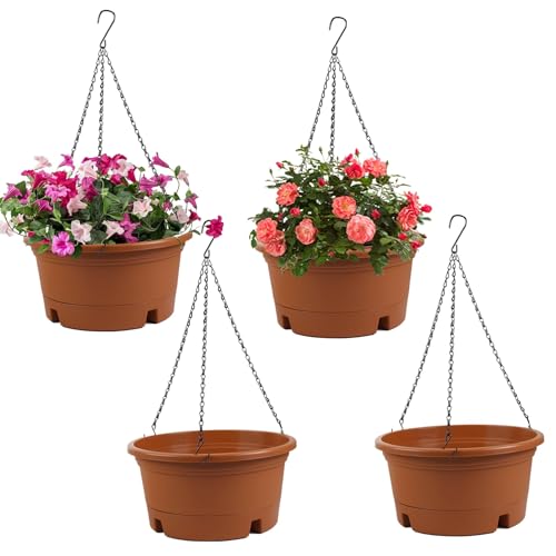 4 Pack 12 Inch Large Plastic Hanging Planters for Outdoor Plants | Plastic Hanging Basket Pots with Drainage Trays & Chain Holders for Outdoor Indoor Plants Garden Balcony Decor (Terracotta) - color: Terracotta, size: 12 Inch - 4 Pack
