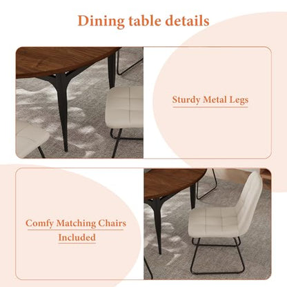 HIPIHOM Expandable Folding Dining Table Set, 55-Inch Round to Square Table with 6 Upholstered Chairs, Metal Frame, for Dining Room or Apartment (Round Table + 6 White Chairs) - color: Round Table + 6 White Chairs