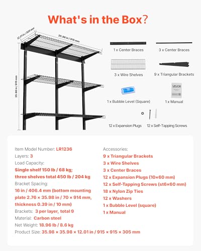 VEVOR 3-Tier Heavy Duty Wall Garage Shelving, 1 x 3 ft Steel Wall Mounted Shelving Unit, 11 x 36 Inch Per Shelf Floating Storage Metal Rack for Garage with 450 lbs Total Weight Capacity, Black - size: 1×3 ft