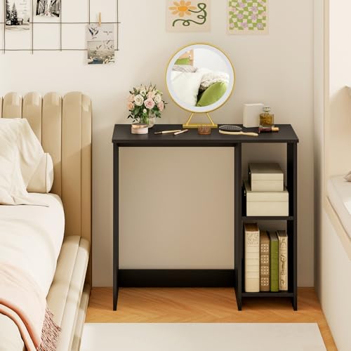 Tangkula Small Desk with Shelves, Compact Desk for Small Space, Study Writing Table with 2 Tier Shelves, Modern Simple Style Laptop PC Table (Black) - color: Black
