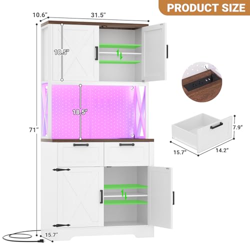 Unikito 71" Tall Kitchen Pantry Cabinet with Microwave Countertop, White | Freestanding Storage Cabinet Kitchen Hutch with Charging Station & LED Lights, Drawers & DIY Pegboard for Dining Room - color: White, size: 32 Inch