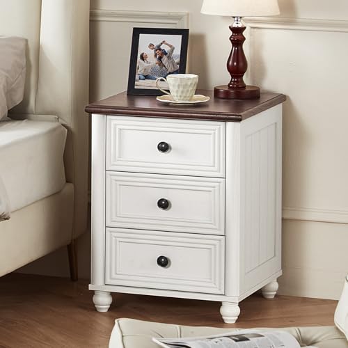 RWYHG 18" Night Stand with 3 Drawers, Farmhouse Modern Nightstand | White Bedside Table, Open Storage Shelf, Solid Wood Legs, Bed Side End Tables for Bedroom Living Room - color: Elegant White, style: 3 Drawers
