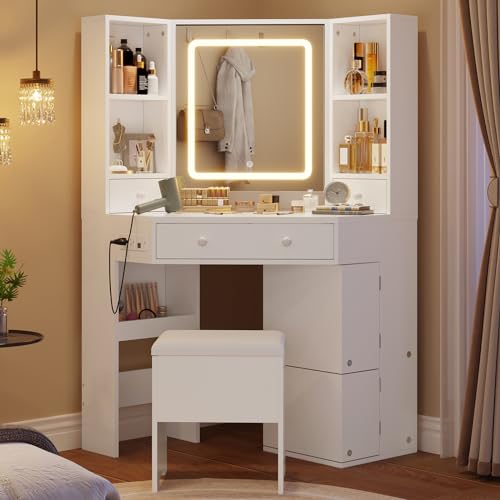 HAUOMS Corner Vanity Desk with LED Lighted Mirror, Storage Bench, White | Rotating Cabinet with 6 Shelves, 2 Drawers & Power Outlet, 3 Light Settings, for Women Girls Space Saving - style: Creamy White