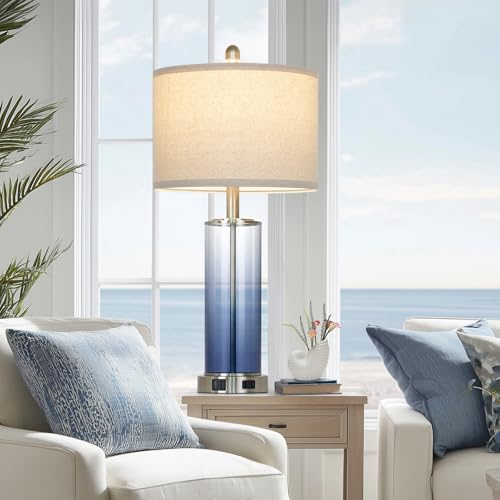 Ruzectt 26" Glass Table Lamp Single, 3-Way Dimmable Touch Control Living Room Lamp with USB C+A Ports & AC Outlet, Coastal Bedside Lamps, Bedroom Lamps for Nightstand Side End Table Desk, Blue-1PK - color: Blue-1PK