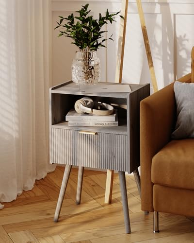 Nightstand,Modern Bedside Table with Storage Drawer and Open Wood Shelf, for Living Room, Bedroom and Small Spaces, Accent Night Stand with Solid Wood Legs, Easy Assembly,Grey Oak - color: Grey Oak